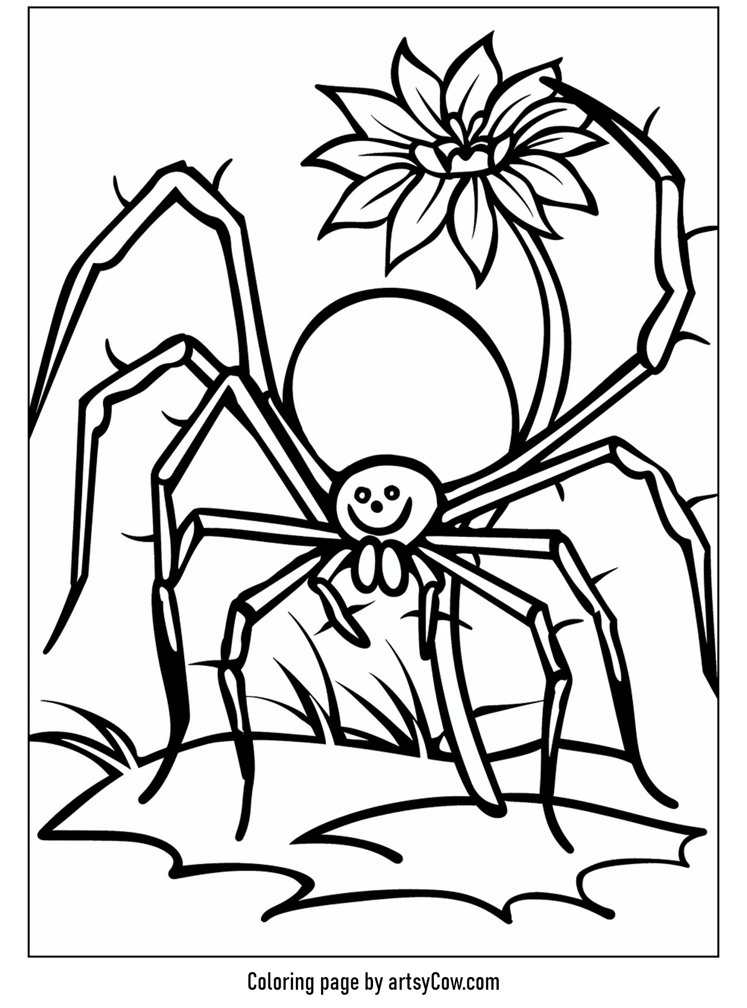 free halloween coloring pages for kids and adults: a cheerful spider with a decorative flower.